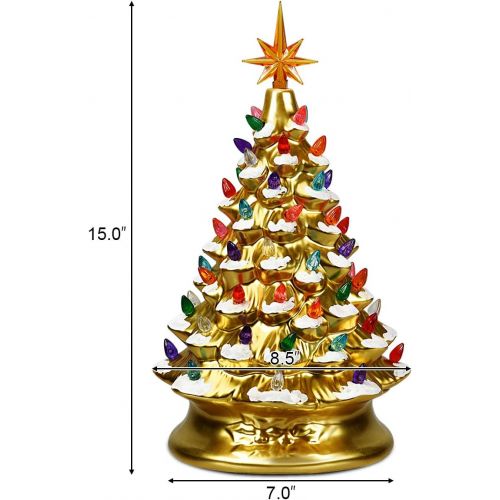  Goplus Pre Lit Hand Painted Ceramic Christmas Tree, Tabletop Xmas Decor, with 66 Multicolored Lights and Top Star, Forever Lighted Holiday Centerpiece (15in, Gold)