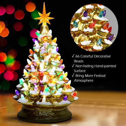  Goplus Pre Lit Hand Painted Ceramic Christmas Tree, Tabletop Xmas Decor, with 66 Multicolored Lights and Top Star, Forever Lighted Holiday Centerpiece (15in, Gold)