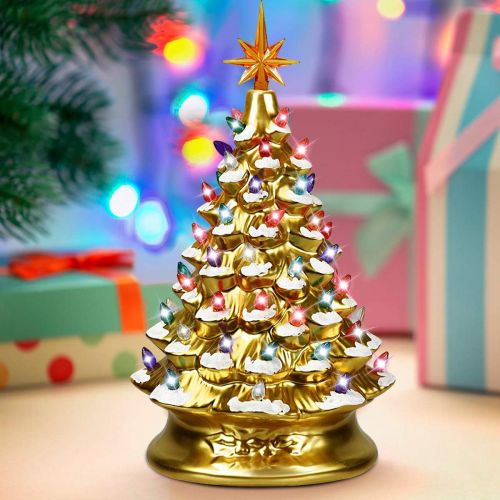  Goplus Pre Lit Hand Painted Ceramic Christmas Tree, Tabletop Xmas Decor, with 66 Multicolored Lights and Top Star, Forever Lighted Holiday Centerpiece (15in, Gold)