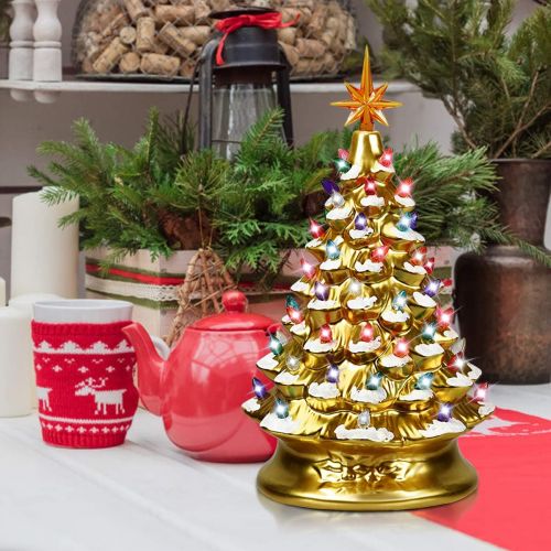  Goplus Pre Lit Hand Painted Ceramic Christmas Tree, Tabletop Xmas Decor, with 66 Multicolored Lights and Top Star, Forever Lighted Holiday Centerpiece (15in, Gold)