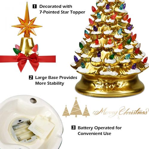  Goplus Pre Lit Hand Painted Ceramic Christmas Tree, Tabletop Xmas Decor, with 66 Multicolored Lights and Top Star, Forever Lighted Holiday Centerpiece (15in, Gold)