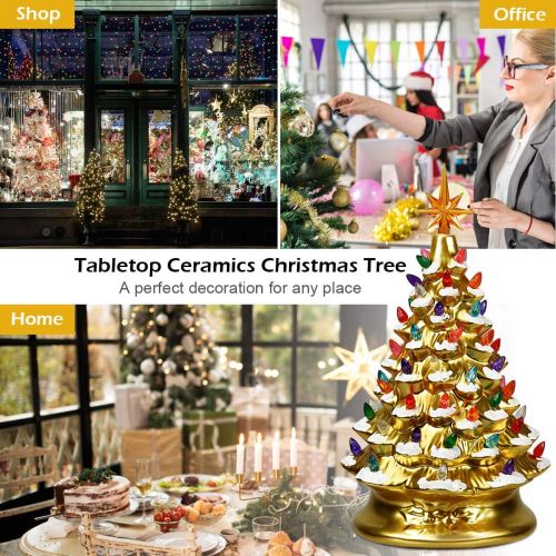  Goplus Pre Lit Hand Painted Ceramic Christmas Tree, Tabletop Xmas Decor, with 66 Multicolored Lights and Top Star, Forever Lighted Holiday Centerpiece (15in, Gold)