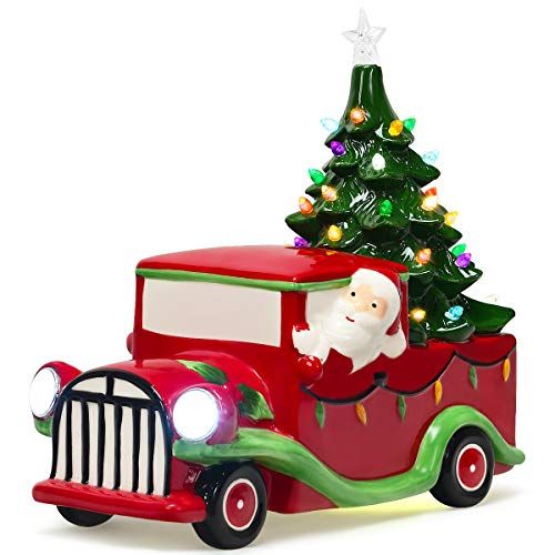  Goplus Vintage Red Truck Decor, LED Lighted Tabletop Ceramic Christmas Tree with Colorful Lights, Battery Operated Christmas Truck for Office Home Holiday Decoration Xmas Supplies