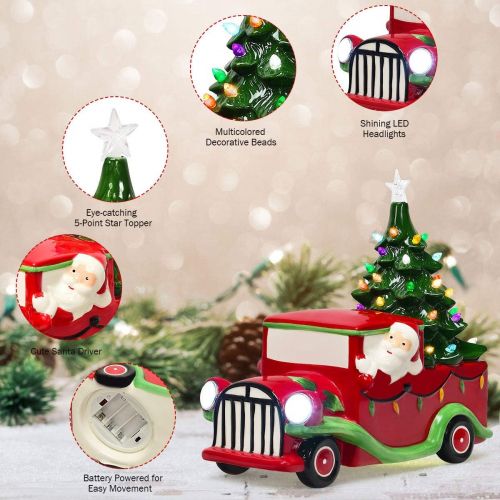  Goplus Vintage Red Truck Decor, LED Lighted Tabletop Ceramic Christmas Tree with Colorful Lights, Battery Operated Christmas Truck for Office Home Holiday Decoration Xmas Supplies