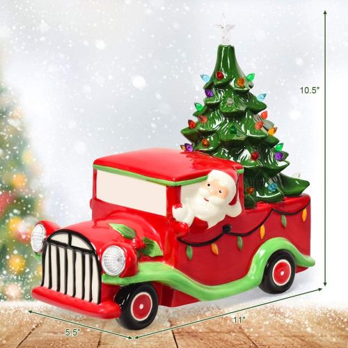  Goplus Vintage Red Truck Decor, LED Lighted Tabletop Ceramic Christmas Tree with Colorful Lights, Battery Operated Christmas Truck for Office Home Holiday Decoration Xmas Supplies