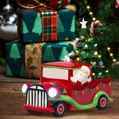  Goplus Vintage Red Truck Decor, LED Lighted Tabletop Ceramic Christmas Tree with Colorful Lights, Battery Operated Christmas Truck for Office Home Holiday Decoration Xmas Supplies