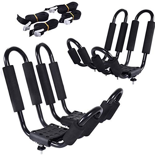  Goplus 2 Pairs Kayak Roof Rack, Universal Kayak Carrier J-Bar Rack with 4 Tie Down Straps, Canoe Boat SUP Surfboard Ski Board Rooftop Mount Rack on Car SUV and Truck Crossbar