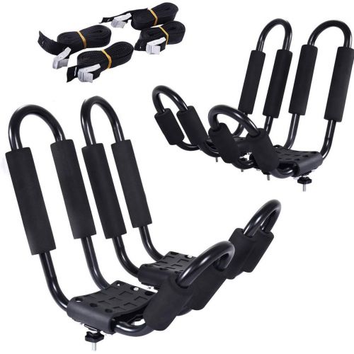  Goplus 2 Pairs Kayak Roof Rack, Universal Kayak Carrier J-Bar Rack with 4 Tie Down Straps, Canoe Boat SUP Surfboard Ski Board Rooftop Mount Rack on Car SUV and Truck Crossbar