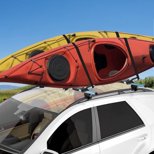  Goplus 2 Pair J-Bar Kayak Roof Rack, Universal Folding Rack Carrier for Canoe, SUP, Surfboard, Kayak, Include Ratchet Lashing Straps, Adjustable Car Roof Top Mount Rack on SUV, RV