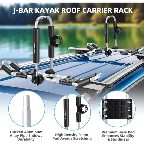  Goplus 2 Pair J-Bar Kayak Roof Rack, Universal Folding Rack Carrier for Canoe, SUP, Surfboard, Kayak, Include Ratchet Lashing Straps, Adjustable Car Roof Top Mount Rack on SUV, RV