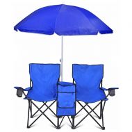Goplus Blue Portable Folding Picnic Double Chair Umbrella Table Cooler Beach Camping Chair New