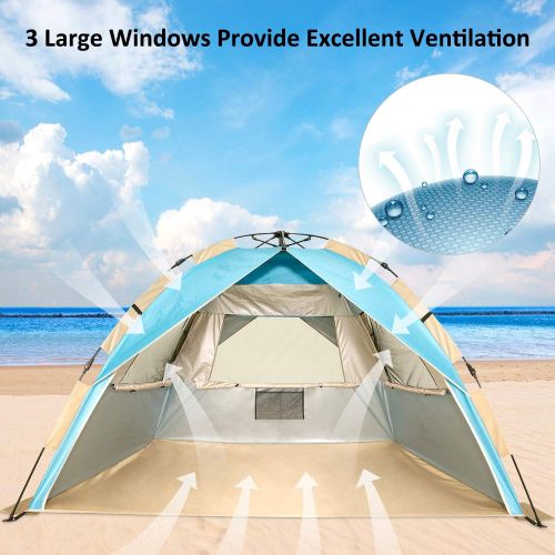  Gorich Easy Set Up Beach Tent with SPF UV 50+ Protection, Beach Sun Shelter Canopy Cabana for Family Trip, Protable 4 Person POP UP Beach Umbrella Beach Shade for Camping Sprots Fi