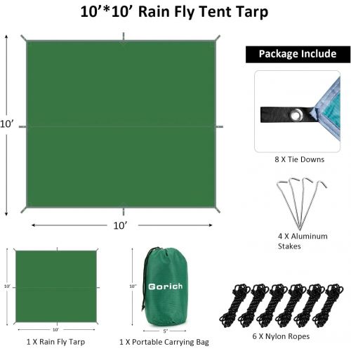  Gorich 10 X 10 Waterproof Camping Hammock Rain Fly Hammock Camping Tarp, Camping Gear and Accessories, Perfect Hammock Tent Rain Cover, Including Stakes, Ropes and Tensioners, Rips