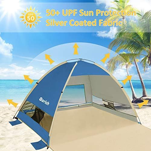  Gorich Large Pop Up Beach Tent Beach Umbrella Automatic Sun Shelter Cabana Easy Set Up Light Weight Camping Fishing Tents 4 Person Anti-UV Portable Sunshade for Family Adults