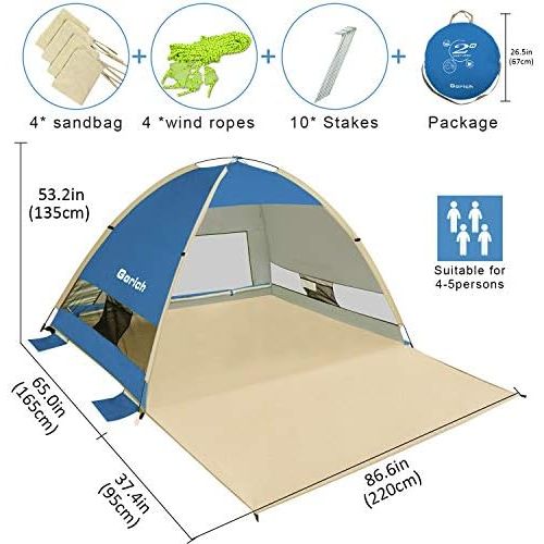  Gorich Large Pop Up Beach Tent Beach Umbrella Automatic Sun Shelter Cabana Easy Set Up Light Weight Camping Fishing Tents 4 Person Anti-UV Portable Sunshade for Family Adults