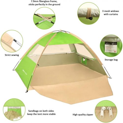  Gorich Beach Tent，UV Sun Shelter Lightweight Beach Sun Shade Canopy Cabana Beach Tents Fit 3-4 Person (Green, 3 Person)