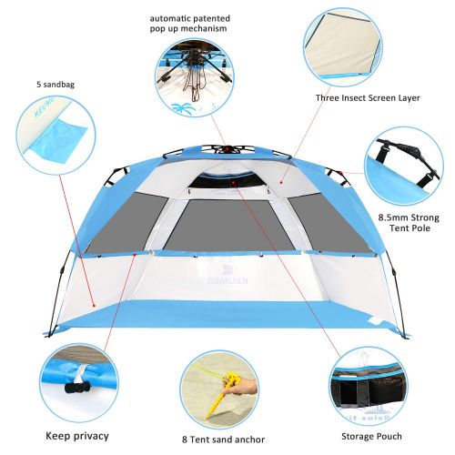  Gorich Easy Set Up Beach Tent with SPF UV 50+ Protection, Beach Sun Shelter Canopy Cabana for Family Trip, Portable 4 Person POP UP Beach Umbrella Beach Shade for Camping Sports Fi