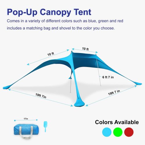  Gorilla Gadgets Beach Tent Canopy Sun Shade UPF50+, Easy Pop Up Anti Wind Sun Shelter with Stability Poles/Carry Bag/Ground Pegs/Sand Shovel, Portable Sunshade for Beach Camping