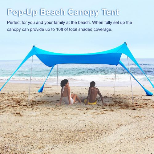  Gorilla Gadgets Beach Tent Canopy Sun Shade UPF50+, Easy Pop Up Anti Wind Sun Shelter with Stability Poles/Carry Bag/Ground Pegs/Sand Shovel, Portable Sunshade for Beach Camping