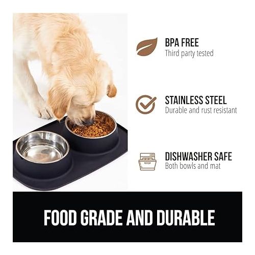  Gorilla Grip 100% Waterproof BPA Free Cat and Dog Bowls Silicone Feeding Mat Set, Stainless Steel Bowl Slip Resistant Raised Edges, Catch Water, Food Mess, No Spills, Pet Accessories, 2 Cup, Black