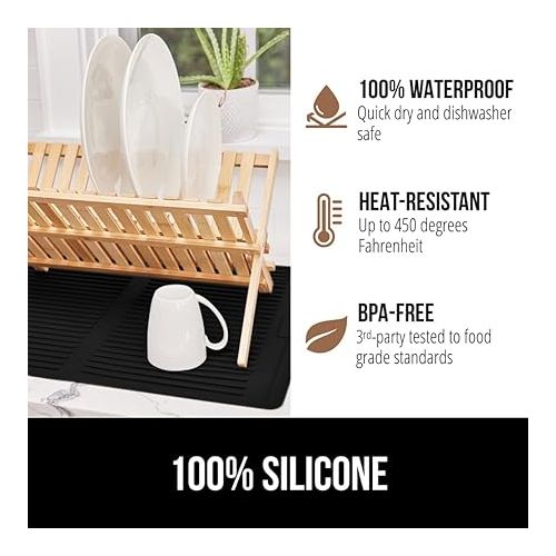  Gorilla Grip 100% BPA-Free Silicone Dish Drying Mat for Kitchen Counter, Slip Resistant Dishwashing Mat, Quick Dry, Heat Resistant Waterproof Sink Mats, Fits Under Rack, Easy Clean, 13x11, Black