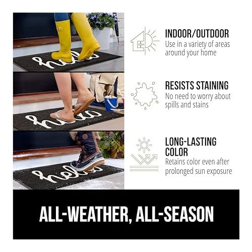  Gorilla Grip 100% Water Resistant All Weather Hello Door Mat, Dirt Grabber Mesh Welcome Doormat, Stain and Fade Resistant, Low Profile Entryway Mats for Home Front or Back Entrance, 30x17 Black/White