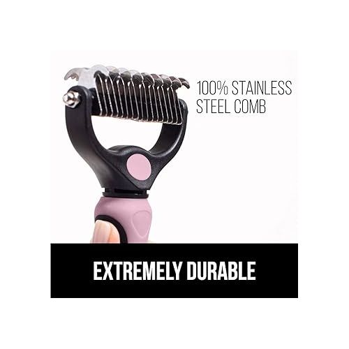  Gorilla Grip Stainless Steel Pet Grooming Rake, Comfort Handle, Dematting and Deshedding Dog Brush, Prevent Mats and Tangles, 2 Sided Cats and Dogs Hair Comb, Groom Short Long Undercoat Fur, Pink
