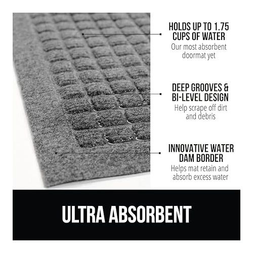  Gorilla Grip Ultra Absorbent Moisture Guard Doormat, Absorbs Up to 1.7 Cups of Water, Stain and Fade Resistant, Spiked Rubber Backing, All Weather Mats Capture Dirt, Indoor Outdoor, 29x17, Grey