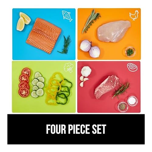 Gorilla Grip 100% BPA-Free Flexible Cutting Board Set of 4, Durable Plastic Mats with Food Icons, Textured Backing, Dishwasher Safe Large Mat for Meat Fish Vegetables, Kitchen Chopping Boards, Multi