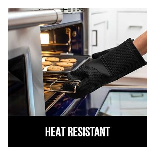  Gorilla Grip Heat and Slip Resistant Silicone Oven Mitts Set, Soft Cotton Lining, Waterproof, BPA-Free, Long Flexible Thick Gloves for Cooking, Kitchen Mitt Potholders, 12.5 in, Black