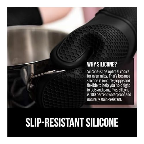  Gorilla Grip Heat and Slip Resistant Silicone Oven Mitts Set, Soft Cotton Lining, Waterproof, BPA-Free, Long Flexible Thick Gloves for Cooking, Kitchen Mitt Potholders, 12.5 in, Black