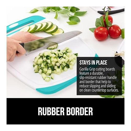  The Original Gorilla Grip Oversized 100% BPA Free Reversible Durable Kitchen Cutting Board Set of 3, Juice Grooves, Dishwasher Safe, Easy Grip Handle Border, Food Chopping Boards, Cooking, Turquoise