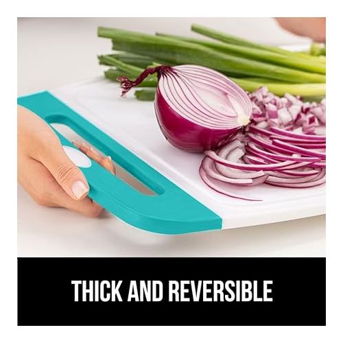  The Original Gorilla Grip Oversized 100% BPA Free Reversible Durable Kitchen Cutting Board Set of 3, Juice Grooves, Dishwasher Safe, Easy Grip Handle Border, Food Chopping Boards, Cooking, Turquoise