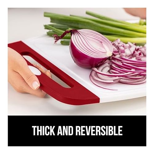  The Original Gorilla Grip Oversized 100% BPA Free Reversible Durable Kitchen Cutting Board Set of 3, Juice Grooves, Dishwasher Safe, Easy Grip Handle Border, Food Chopping Boards, Cooking, Red