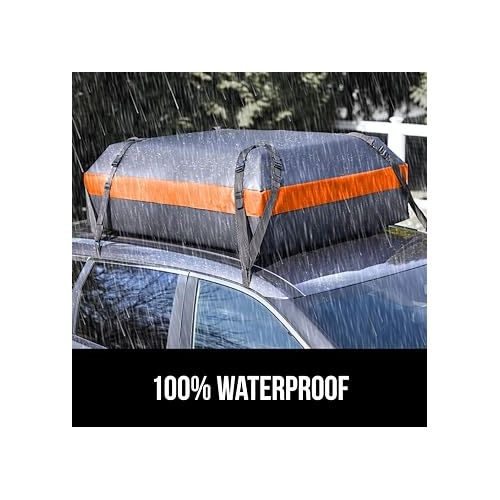  Gorilla Grip Waterproof Car Roof Bag with Stay in Place Grip Dots and Buckles, UV Protected Soft Shell Rooftop Cargo Carrier, Tear Resistant Luggage Box Top Rack SUV Vehicle Storage 15 Cubic FT Orange