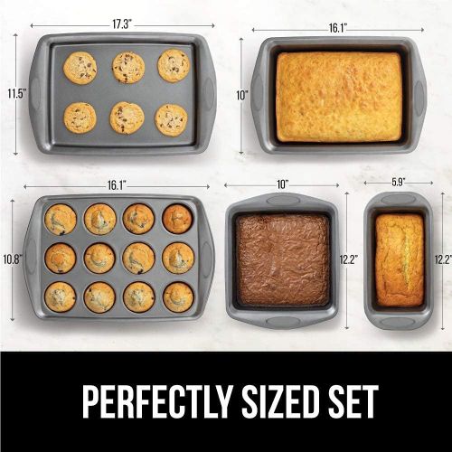  Gorilla Grip Nonstick, Heavy Duty, Carbon Steel Bakeware Sets, 5 Piece Baking Set, Rust Resistant, Silicone Handles, 1 Cookie Sheet, Roasting Pan, Loaf Pan, Square Pan, 12 Cup Muff