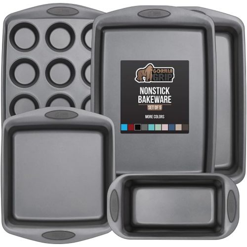  Gorilla Grip Nonstick, Heavy Duty, Carbon Steel Bakeware Sets, 5 Piece Baking Set, Rust Resistant, Silicone Handles, 1 Cookie Sheet, Roasting Pan, Loaf Pan, Square Pan, 12 Cup Muff