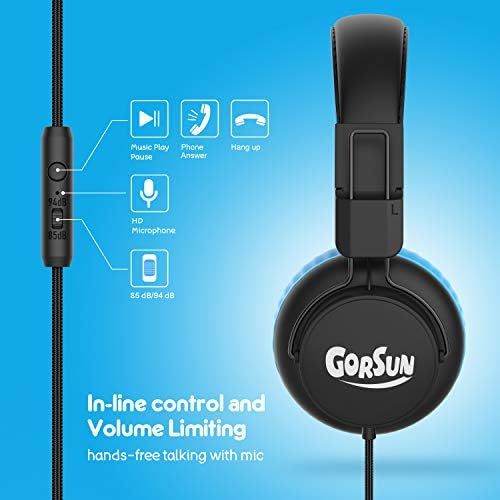  Kids Headphones with Microphone, gorsun Premium On Ear Headphones for Kids, 85/94dB Volume Limit Wired Headphones with Audio Sharing, Toddler Headphones for Boys Girls School(Blue)