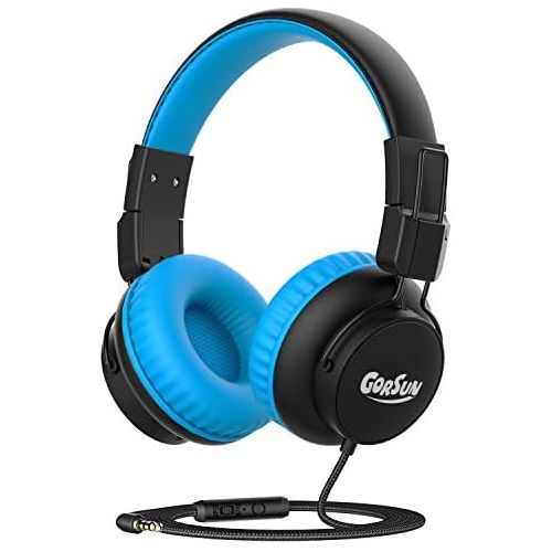  Kids Headphones with Microphone, gorsun Premium On Ear Headphones for Kids, 85/94dB Volume Limit Wired Headphones with Audio Sharing, Toddler Headphones for Boys Girls School(Blue)