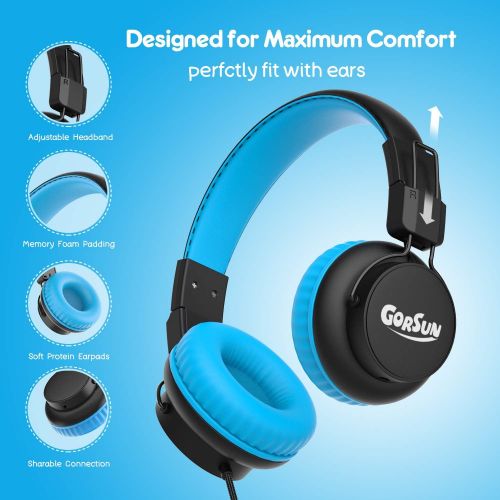  Kids Headphones with Microphone, gorsun Premium On Ear Headphones for Kids, 85/94dB Volume Limit Wired Headphones with Audio Sharing, Toddler Headphones for Boys Girls School(Blue)