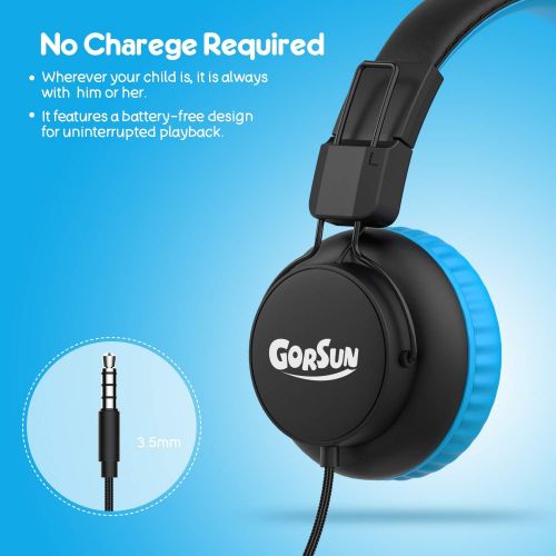  Kids Headphones with Microphone, gorsun Premium On Ear Headphones for Kids, 85/94dB Volume Limit Wired Headphones with Audio Sharing, Toddler Headphones for Boys Girls School(Blue)