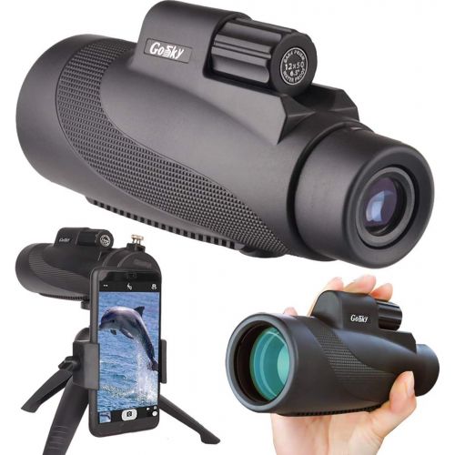  Gosky 12X50 High Power Prism Monocular Smartphone Holder and Handheld Tripod Kit- Waterproof/Fog-Proof/Shockproof Grip Scope -for Hiking,Hunting,Climbing,Birdwatching Watching Wild