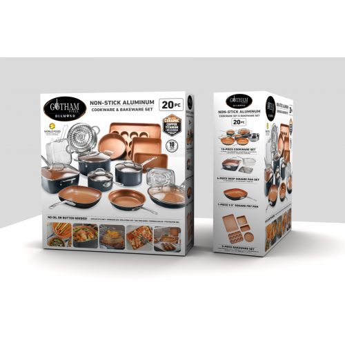  Gotham Steel 20 Piece All in One Kitchen Cookware + Bakeware Set with Non-Stick Ti-Cerama Copper Coating  Includes Skillets, Stock Pots, Deep Square Pan with Fry Basket, Cookie Sh