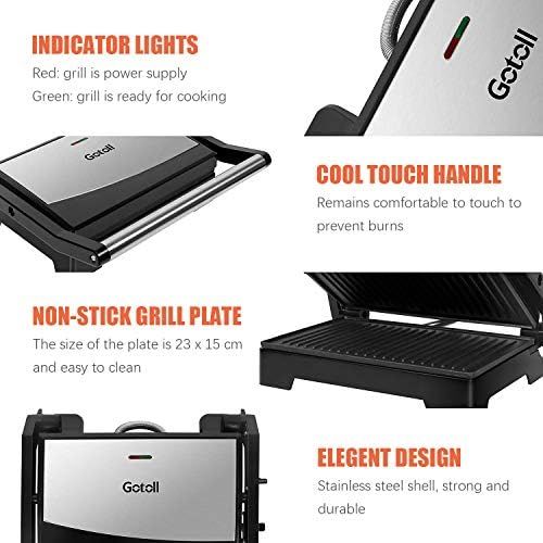  [아마존베스트]Gotoll Panini & Sandwich Maker, Double Grill Plates, Open 180° Contact Grill, 1000 W, Non-Stick Coating, Insulated Handles, Stainless Steel Casing