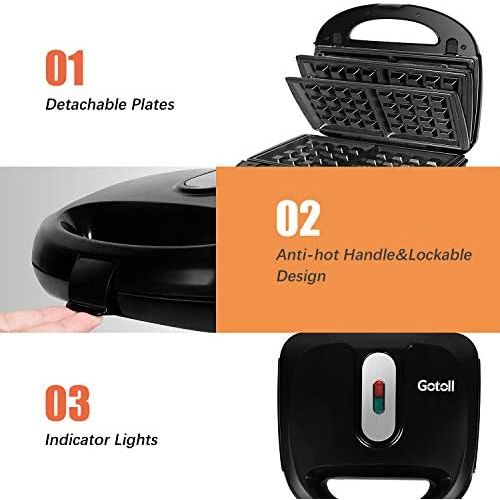  [아마존베스트]Gotoll Sandwich maker 3 in 1, waffle iron sandwich toaster, shell shape changing plates, sandwich maker, non-stick removable plates, 750 W, operating light, black