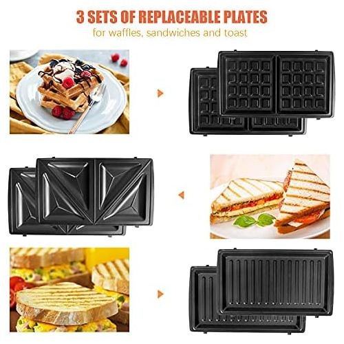  [아마존베스트]Gotoll Sandwich maker 3 in 1, waffle iron sandwich toaster, shell shape changing plates, sandwich maker, non-stick removable plates, 750 W, operating light, black