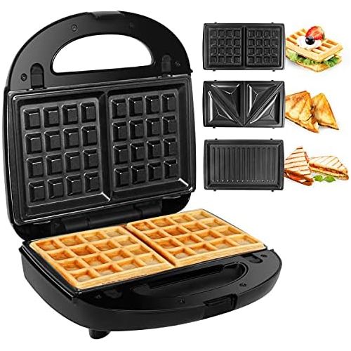  [아마존베스트]Gotoll Sandwich maker 3 in 1, waffle iron sandwich toaster, shell shape changing plates, sandwich maker, non-stick removable plates, 750 W, operating light, black