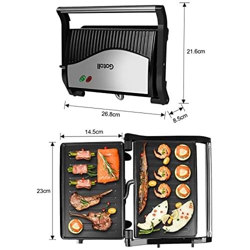  Gotoll Contact Grill Sandwich / Panini Maker, Oil Drip Design and Non Stick Coating, Open 180° Contact Grill, 750 Watt, Black