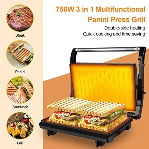  Gotoll Contact Grill Sandwich / Panini Maker, Oil Drip Design and Non Stick Coating, Open 180° Contact Grill, 750 Watt, Black