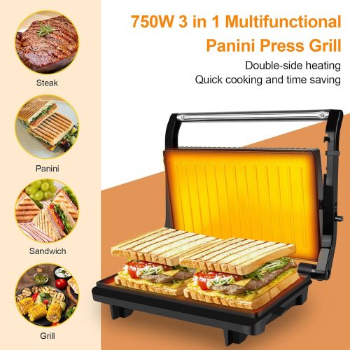  Gotoll Contact Grill Sandwich / Panini Maker, Oil Drip Design and Non Stick Coating, Open 180° Contact Grill, 750 Watt, Black